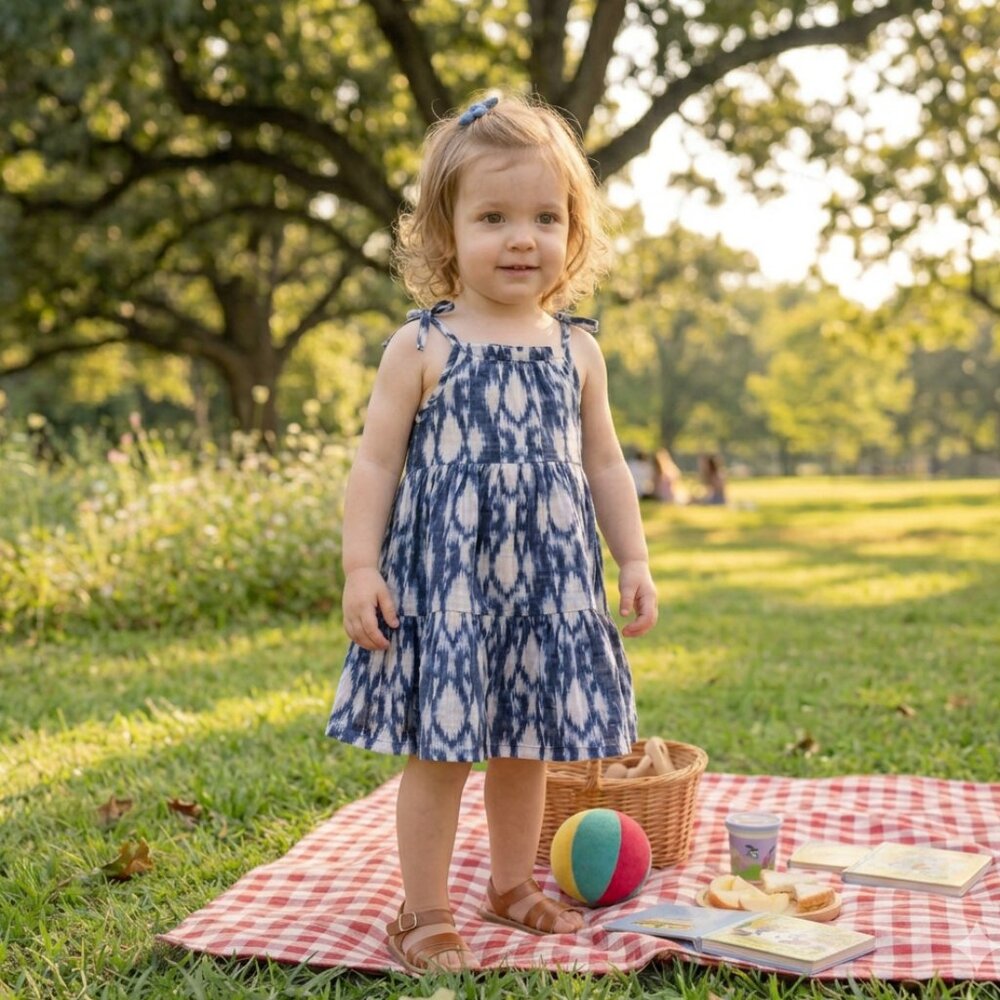 GAP Blue White Ikat Toddler Linen Cotton Tiered Dress Size 2T EUC